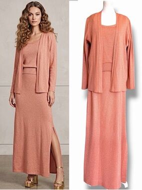 1970s Rona New York 3 Piece Maxi Skirt Set Metallic Lurex Sparkling Rose Gold M